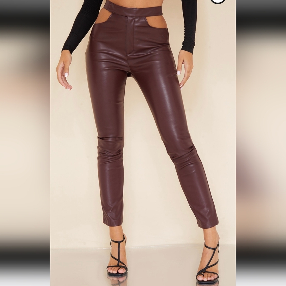 Dark Chocolate Faux Leather Cut Out DetailSkinny Pants